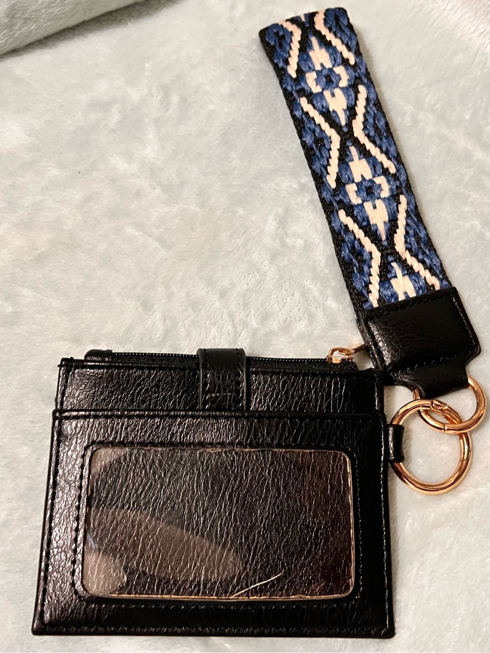 Black Faux Leather Card Holder Wristlet with Blue Woven Strap